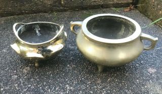 2 Vintage Brass Bronze Pots Three Legged Incense Chinese Eastern Asian Old