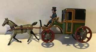 Antique Penny Toy German Tin Litho Early 20th C.  Horse - Drawn Carriage W/ Driver