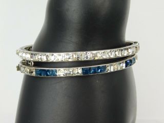 2 Vintage Sterling Hinged Bangle Bracelets Clear & Sapphire Blue Rhinestones