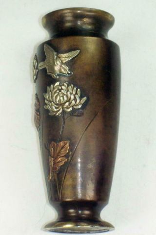 c 1880 Antique Fine Japanese Meiji Bronze Mixed Metal Decorated Vase Unsigned 3