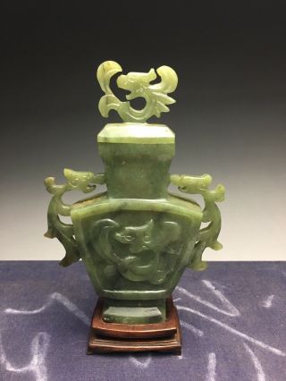 Chinese Spinach Jade Covered Urn Hand Carved Wood Base Estate Find
