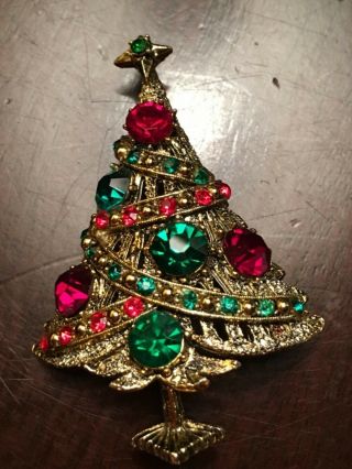 Vintage Signed Hollycraft Christmas Tree Red & Green Rhinestones Brooch/pin