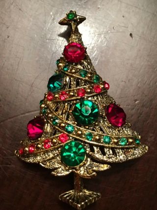 Vintage Signed HOLLYCRAFT Christmas Tree Red & Green Rhinestones Brooch/Pin 2