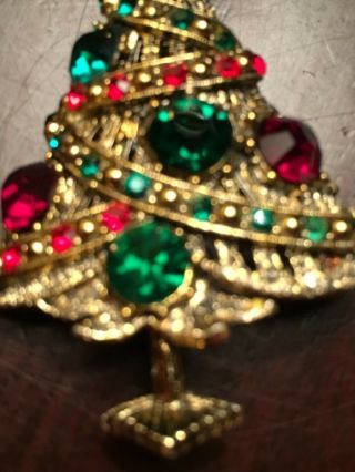Vintage Signed HOLLYCRAFT Christmas Tree Red & Green Rhinestones Brooch/Pin 3