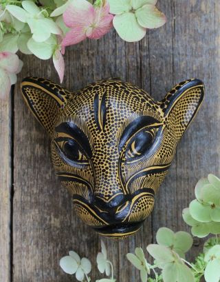 Mask Jaguar Leopard Handmade Gold & Black Clay Chiapas Mexico Folk Art Tribal