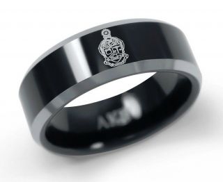 Alpha Kappa Psi Fraternity Black Tungsten Ring With Crest & Letters