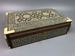 Vintage Indian Moroccan Mixed Marquetry Inlay Wood Box Tea Caddy Humidor W Key