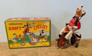 Linemar Mechanical Goofy Cyclist Tin Litho Windup Toy W/ Box