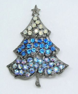 Vintage Christmas Brooch 3 - Tier Tree Blue And Ab Rhinestones Signed Weiss