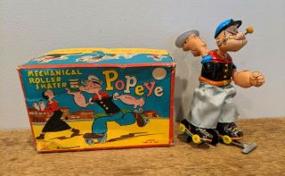 Linemar Popeye Mechanical Roller Skater Tin Litho Windup Toy W/ Box