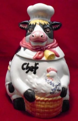 Sunshine Ceramic Holstein Dairy Cow Chef W Chicken Cookie Jar 1955 - Cute