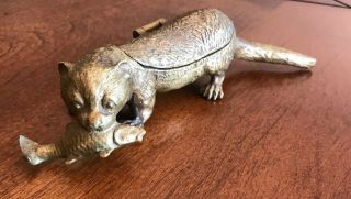 Vintage Arthur Court Designs Bronze Otter With Fish Inkwell