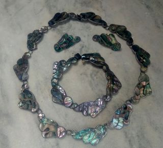 Vintage Set Mexican Silver Necklace Bracelet Earrings,  Abalone,  Taxco 925 L.  S.