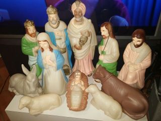 11 Pces Jesus Mary Joseph Wise Mens Shepherd & Animal Blow Mold Nativity Set