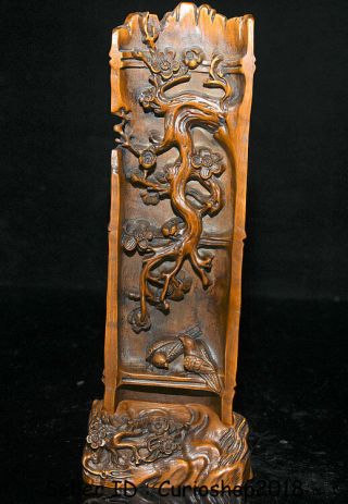 10.  2 " Old China Dynasty Boxwood Carved Plum Blossom Flower Birds Screen Statue