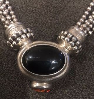 Vintage Sterling Silver Onyx & Amber 18 " Necklace By Espo 1950’s Mid Century