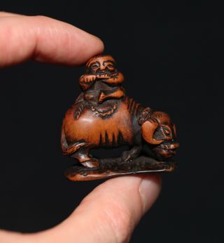 Antique Japanese Carved Boxwood Netsuke Of A Boy Riding A Ox,  19th Cent,  Meiji.