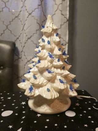 Vintage Ceramic Light Up White 14 " Christmas Tree With Blue Bird Lights