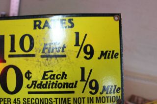 CAB YELLOW TAXI RATES FAIR PORCELAIN METAL SIGN GAS OIL SERVICE TRAVEL HOTEL 66 3