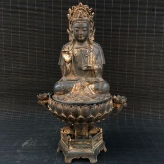 10 " China Old Antique Bronze Gilt Handmade Yellow Jambhala Buddha Statue.
