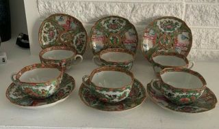 Unusual Set Of 6 Antique Chinese Porcelain Famille Rose Tea Cup & Saucer