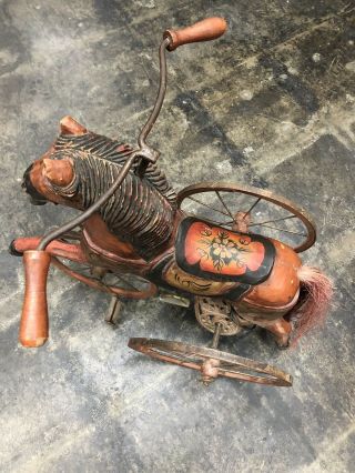 Vintage Hand Carved Painted Wooden Horse Tricycle 22x22