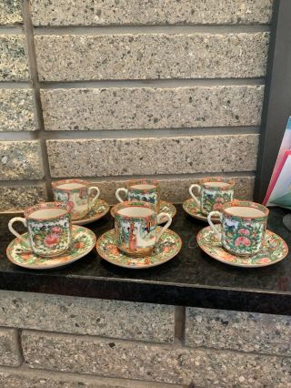 Set Of 6 Antique Chinese Porcelain Famille Rose Demitasse Cup & Saucer