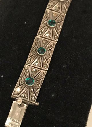 Vintage Sterling Silver Art Deco Germany Marcasite Faceted Emerald ? Bracelet