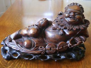 Large Antique Japanese ? Carved Wooden Buddha On Stand Figurine Statue
