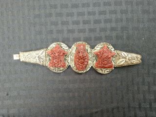 Antique Chinese Export Silver Filigree Deeply Carved Cinnabar Bracelet