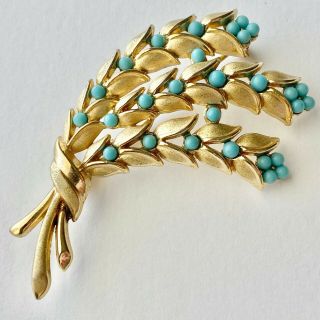 Signed Crown Trifari Vintage Turquoise Gold Tone Flower Leaf Brooch Pin 57