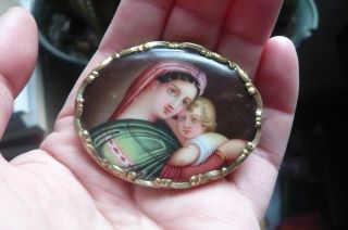 Victorian Hand Painted Porcelain Mother And Child Gilt Metal Brooch
