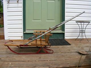 Vintage Sears 30 " Wooden Metal Childs Wood Snow Sled With Arms & Back Rest