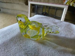 1950s Yellow And Clear Murano Glass Bird Paperweight - Tag From " Lefton "