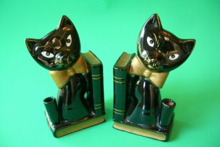 Red Clay Pottery Black Cat Bookends Or Letter Holders With Penholders Japan