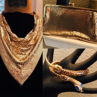 Vtg.  Whiting & Davis Mesh Gold Bib Necklace/wallet/snake Bracelet/black Friday