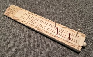 Vintage Carved Faux Ivory - Bone Cribbage Board Dragons Pegs Stopper