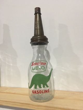Vintage Style Sinclair Dino 1 Quart Glass Motor Oil Bottle Spout & Dust Cap