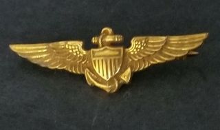Vntg Wwii Us Navy Pilot Wings Marked H H Imperial Gold Colored Pin 1 1/2 " Wide