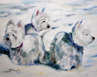 Sparrow Westie West Highland White Terrier Dog Art Oil Painting Print Mssmith