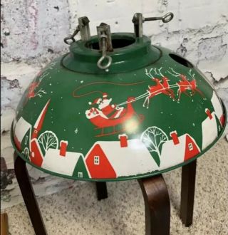 Vintage Christmas Cast Iron Metal Tree Stand Painted Santa,  Sleigh And Reindeer