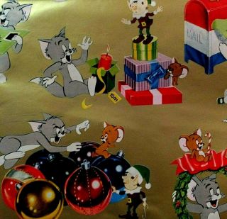 Vintage Christmas Cartoon Hanna Barbera Tom & Jerry Elf Gift Wrap Wrapping Paper
