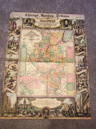 Rare May 1935 Chicago Sunday Tribune State Illinois History 85 Year Old Map