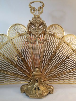 Ornate Brass Peacock Fireplace Fan Folding Screen Roman Art Deco Vtg Atq