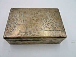 Sterling Silver Antique Woodlined Hinged Box Chinese Junk & Pagoda Monogram P