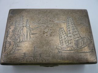 Sterling Silver Antique Woodlined Hinged Box Chinese Junk & Pagoda Monogram P 2