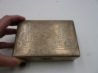 Sterling Silver Antique Woodlined Hinged Box Chinese Junk & Pagoda Monogram P 3
