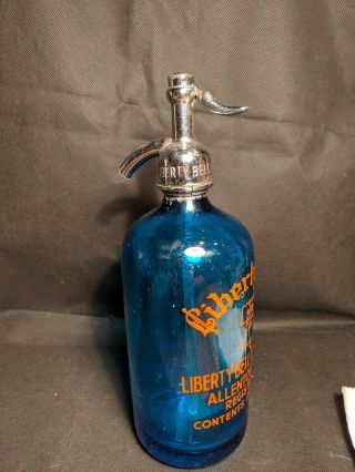 Vintage BLUE seltzer bottle Liberty Bell Bottling Co.  Made in Czechoslovakia 3