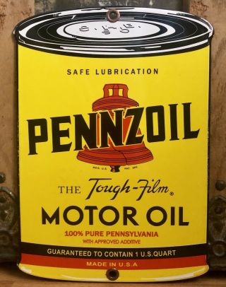 Vintage Porcelain Pennzoil Oil Can Shaped Sign Shell Mobil 8”x6”