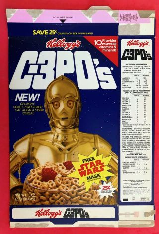 Kellogg’s C - 3po’s Cereal Empty Box Star Wars C - 3po Mask Promo 1984